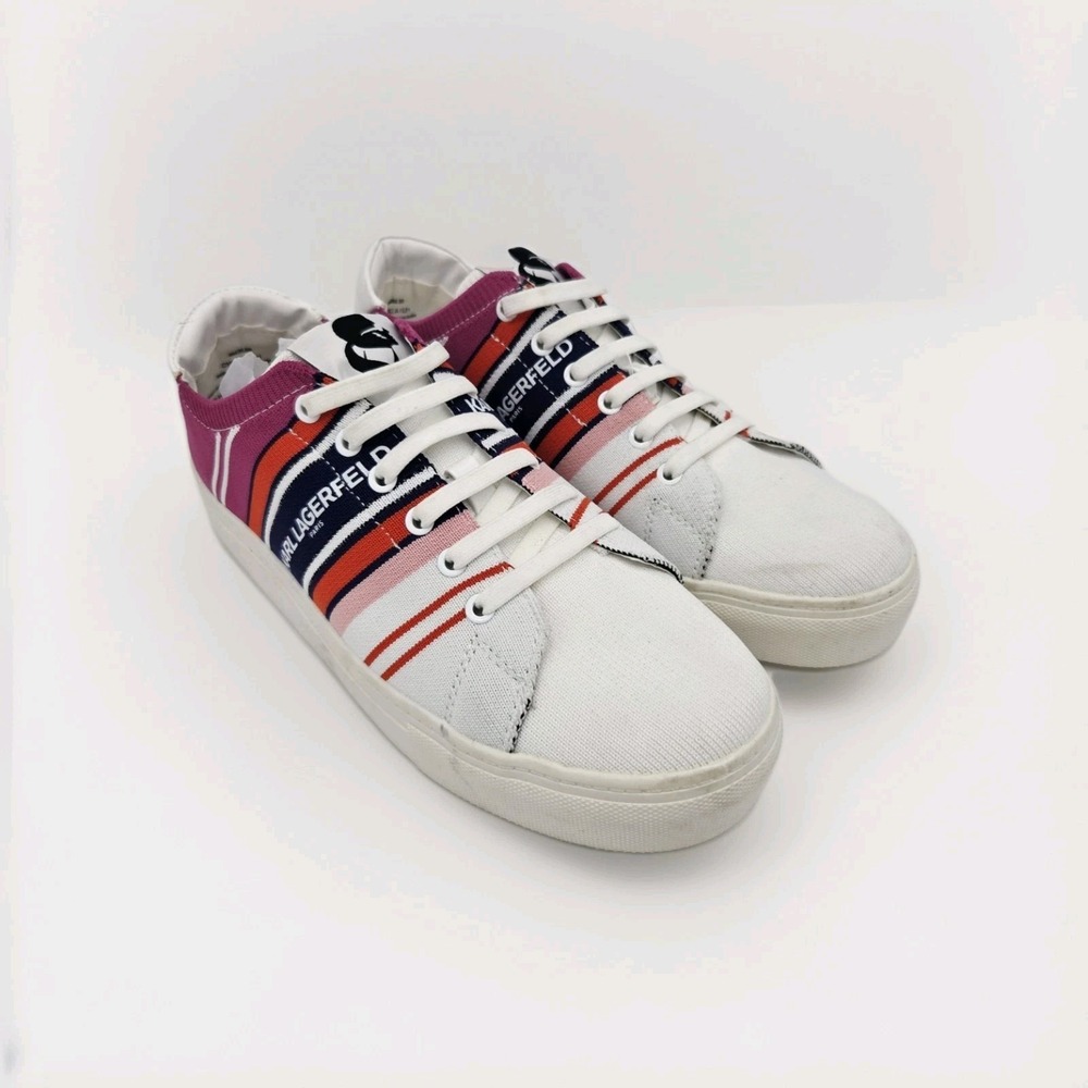KARL LAGERFELD PARIS Cyrilla Women Bright Pink Striped Knit Sneaker NEW‎ 8M